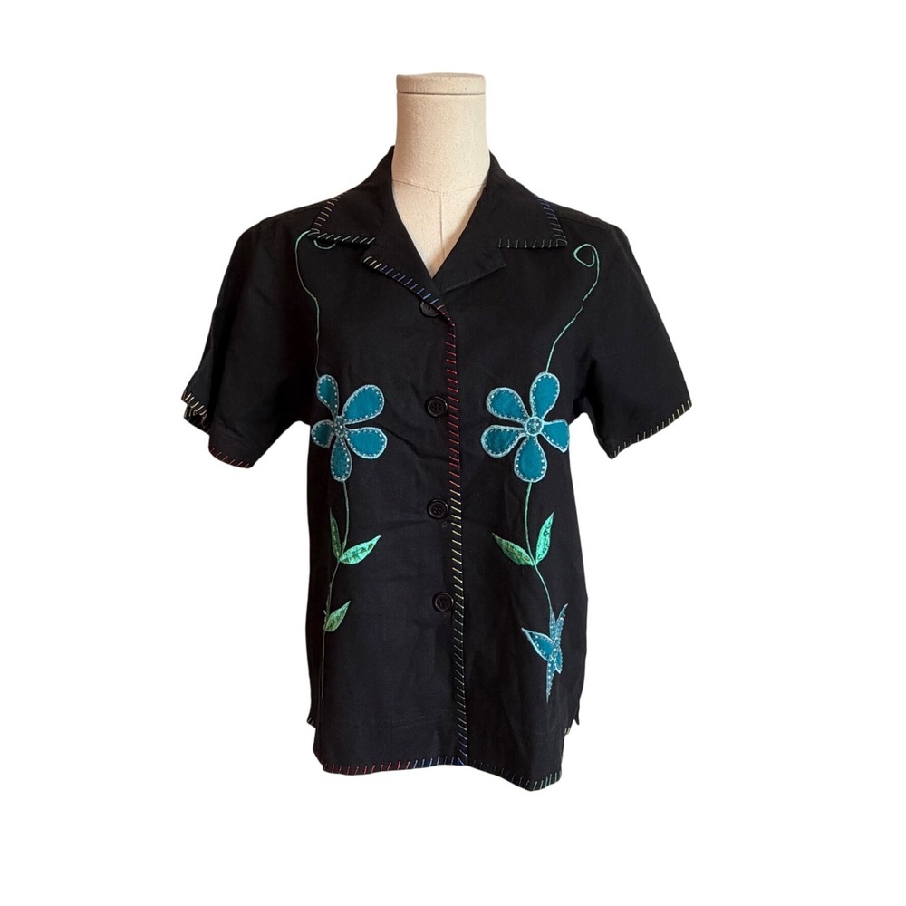 Kensington Lane Black Linen Blend Floral Beaded Whipstitch Button Up Shirt Small